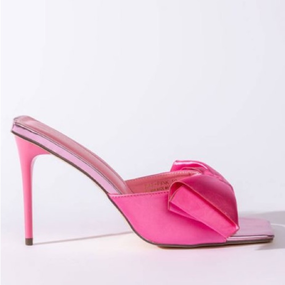 Azalea Wang Pretty in Pink Satin Bow Stiletto High Heel Mule Sandals - Picture 4 of 5